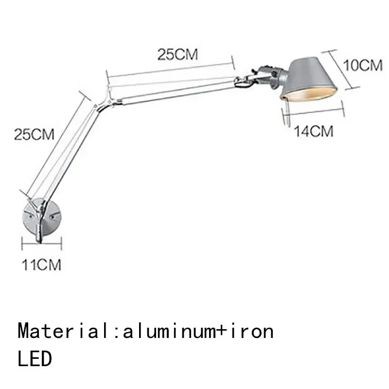 Italian Long Arm LED Wall Lamp Silver Black Metal Bedroom Study Reading Lights E27 Switch Rotatable Adjustable Lighting Decor