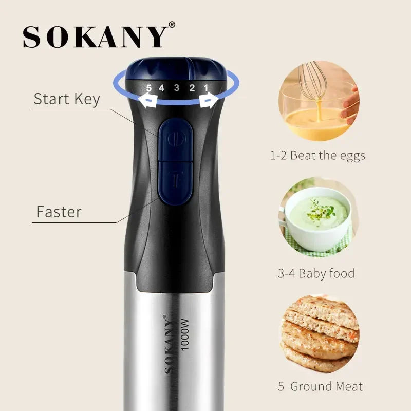 Frullatore ad immersione portatile 4 in 1, 1000 W Miscelatore elettrico in acciaio a 5 velocità Gadget da cucina per alimenti per bambini, zuppe, carne macinata