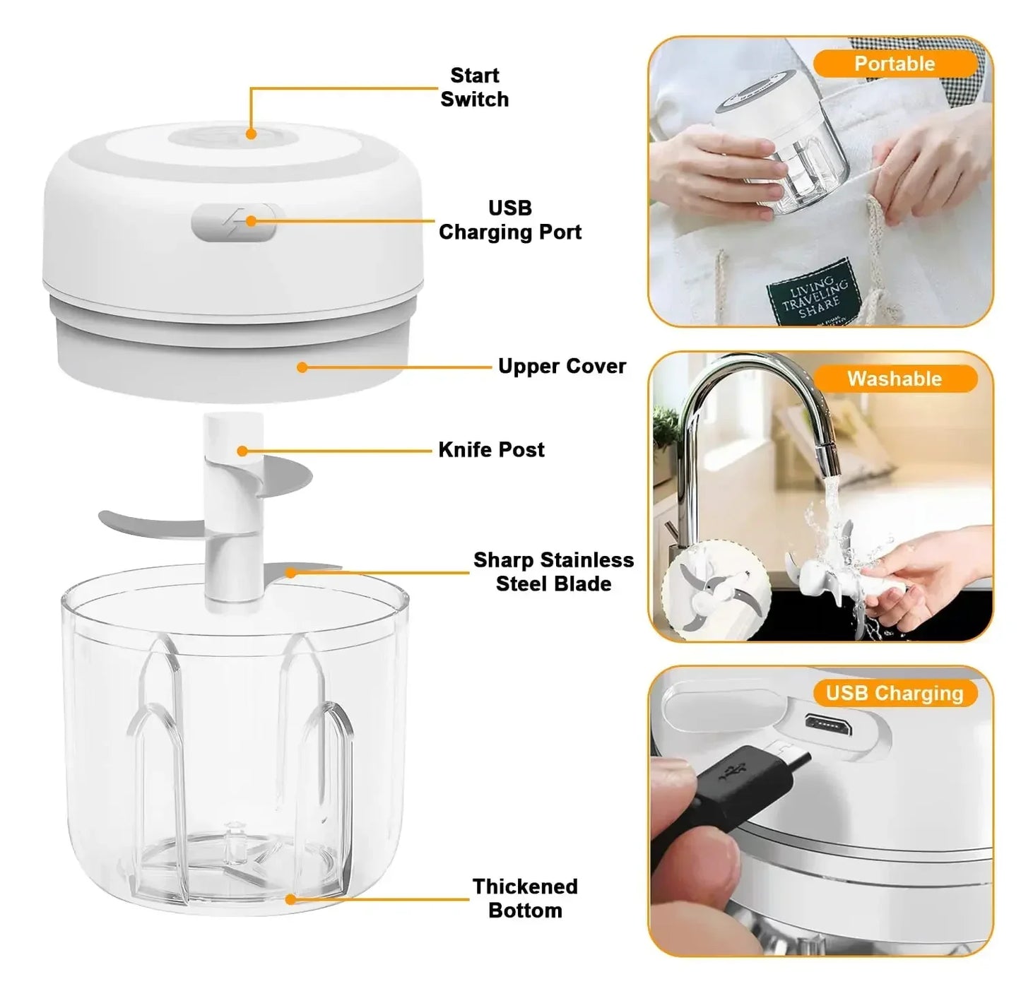 300ML Elektrische Knoflook Chopper USB Opladen Voedsel Groente Vlees Crusher Rvs Mini Chili Knoflookstamper Keuken Gadgets