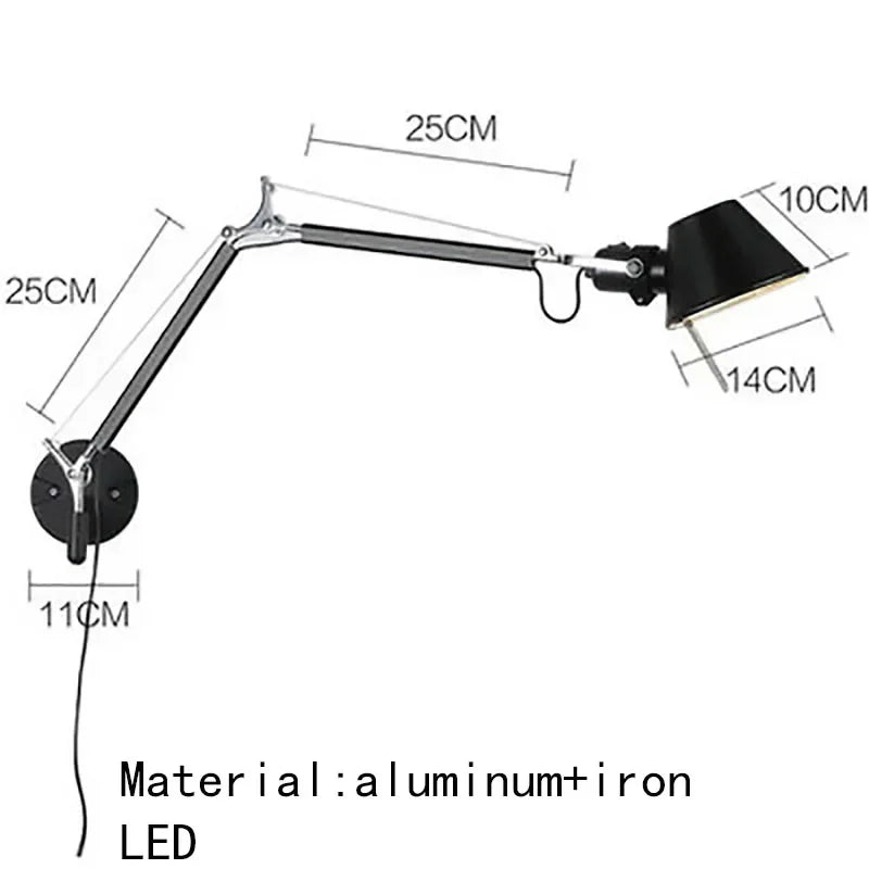 Italian Long Arm LED Wall Lamp Silver Black Metal Bedroom Study Reading Lights E27 Switch Rotatable Adjustable Lighting Decor