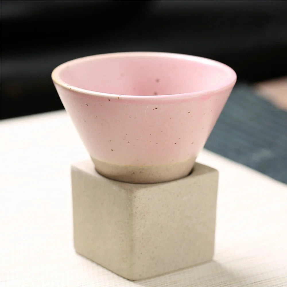 100ml Coarse Pottery Coffee Mugs, Japanese Style Ceramic Tea Cups Triangular Cone Shape Porcelain Retro Mug with Square Base