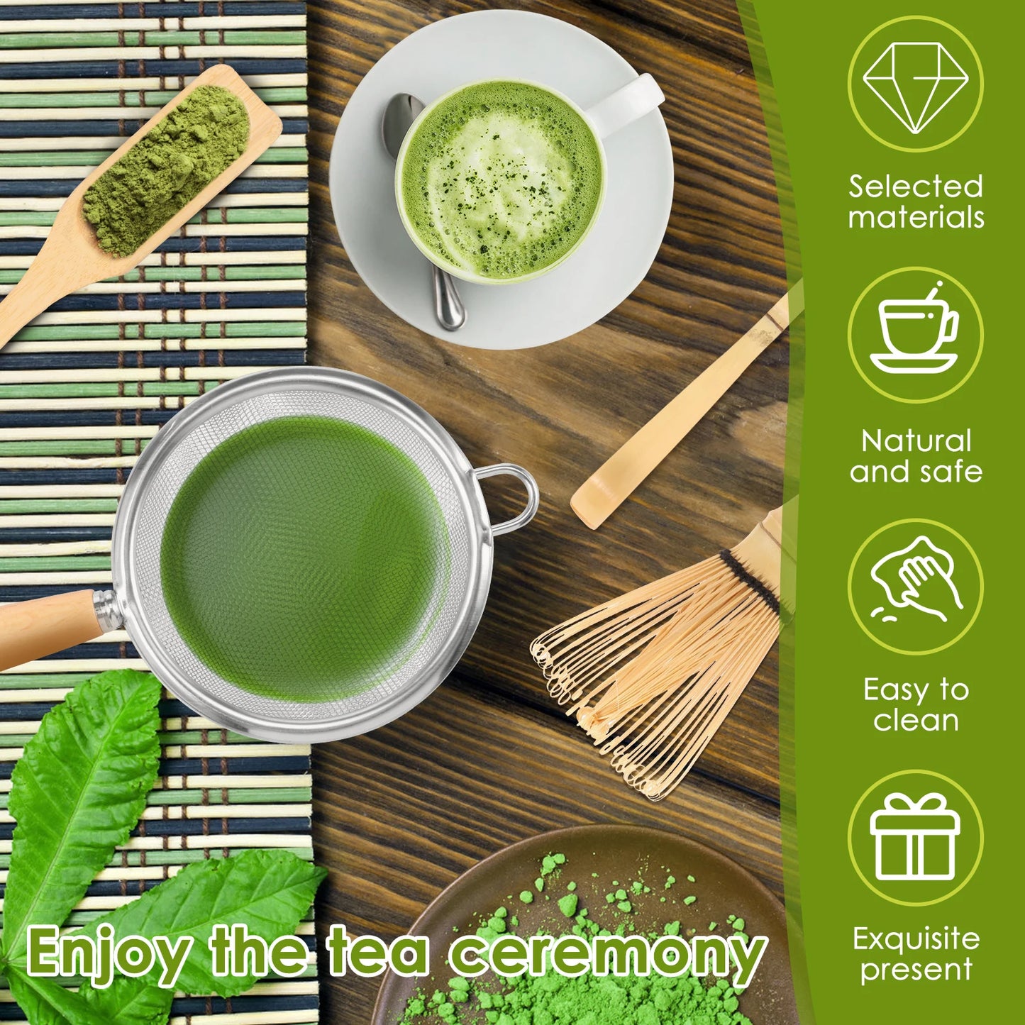 4/5Pcs Matcha Whisk Set Handmade Bamboo Matcha Whisk Traditional Tea Scoop Deep Scoop Tea Strainer Clear Whisk Storage Holder