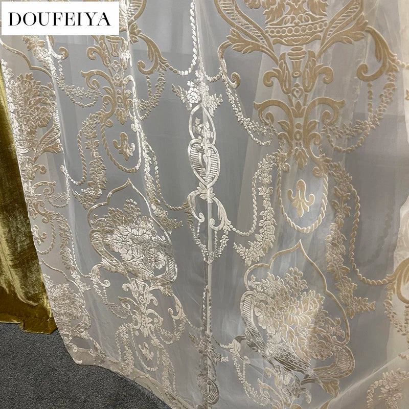 Silk Velvet Foil Stamping Luxury Gold Blackout Curtains for Living Room Bedroom Dining Nature Vertically Custom Size White Tulle