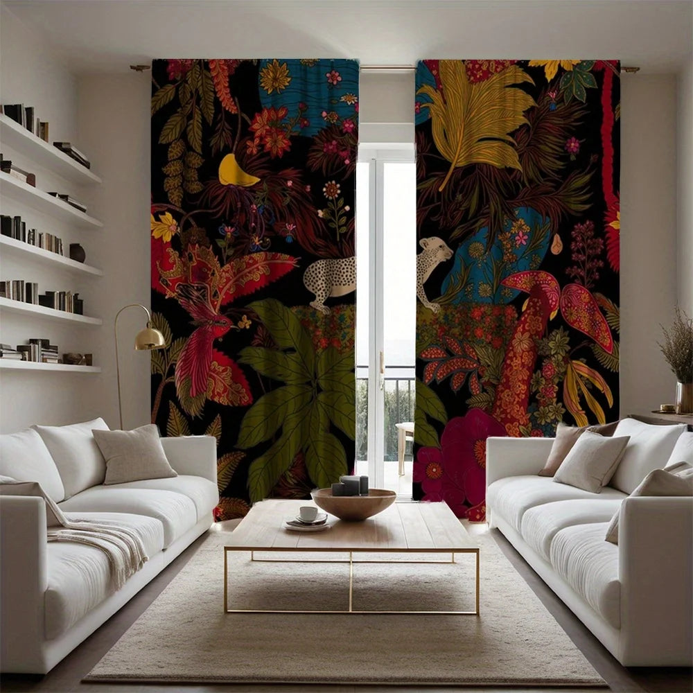 2pcs Tropical Rainforest Curtains - Black Background with Leopard, Birds & Floral Print, Polyester Velvet Fabric, Rod Pocke