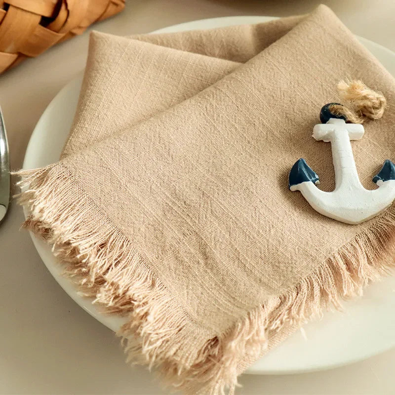 1Pc 45x45cm Solid Color Square Tassel Plain Cloth Cotton Linen Home Kitchen Table Dinner Western Napkin