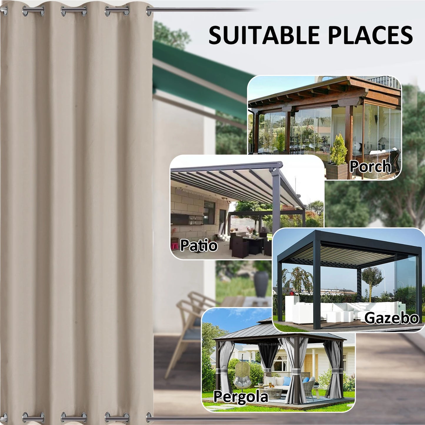 100% Waterproof Outdoor Curtains with Double Grommet for Patio Gazebo Pergola Windproof Privacy Curtains Thermal Insulated