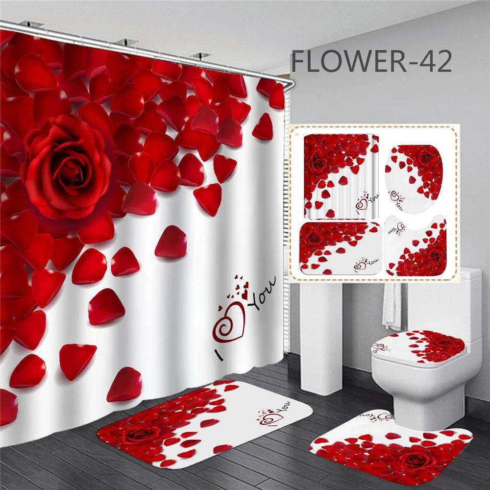 3D Digital Printing Flowers Shower Curtain Waterproof Polyester Bathroom Curtains Colorful Shower Curtain Set Bath Mats Rugs