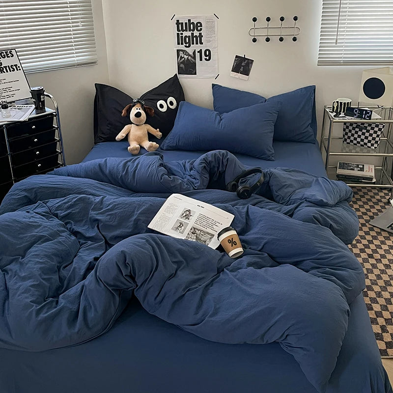 1pc Blue Duvet Cover 150x200 이불커버세트 Washed Cotton Quilt Cover Queen Size Bed Linen for Girls Boys Room (Pillowcase Need Order)