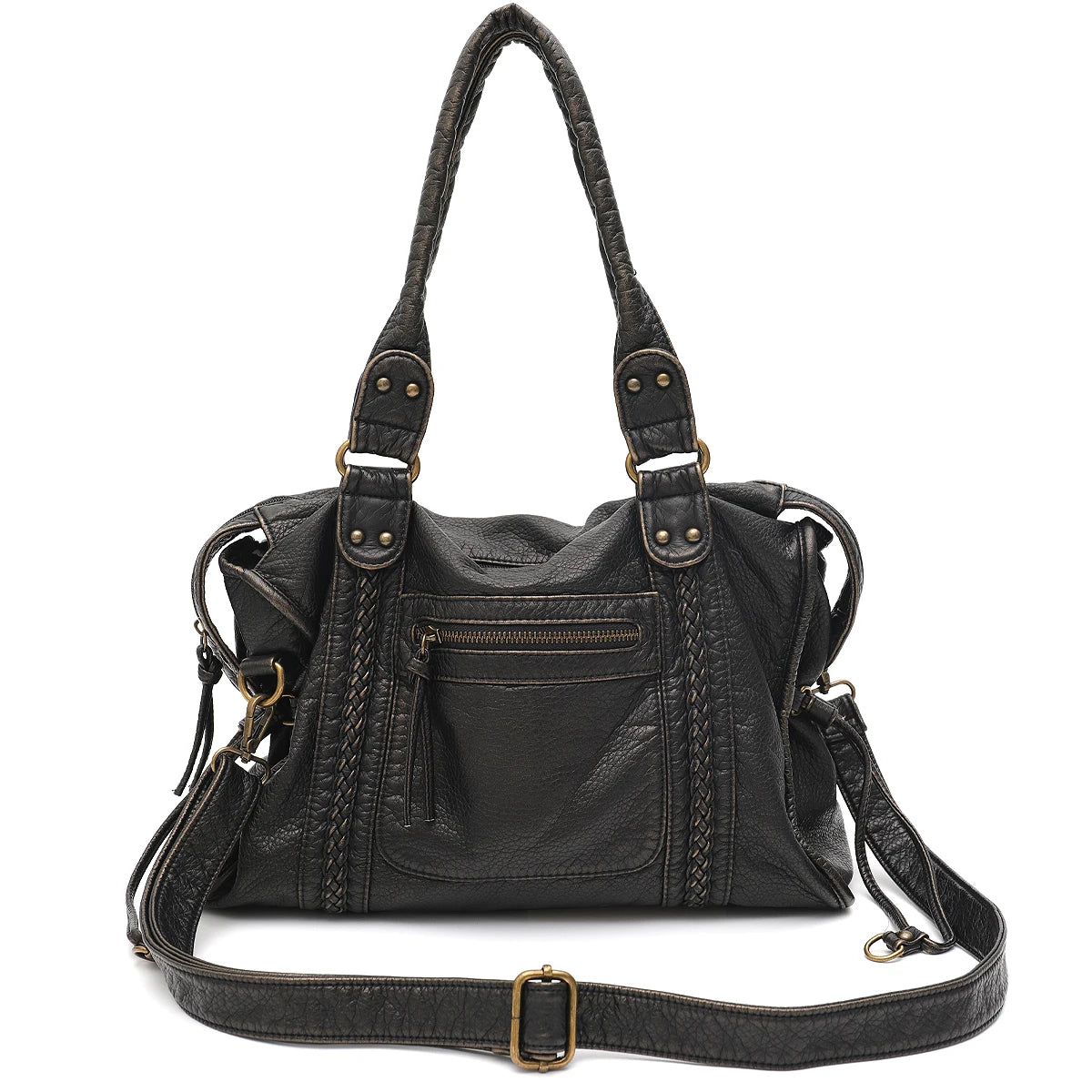 Vintage gewaschenes PU-Leder, große Kapazität, Reißverschlusstaschen, Zopfdekor, Schulter-Umhängetasche, Unisex, Damen, tägliche Reisehandtasche