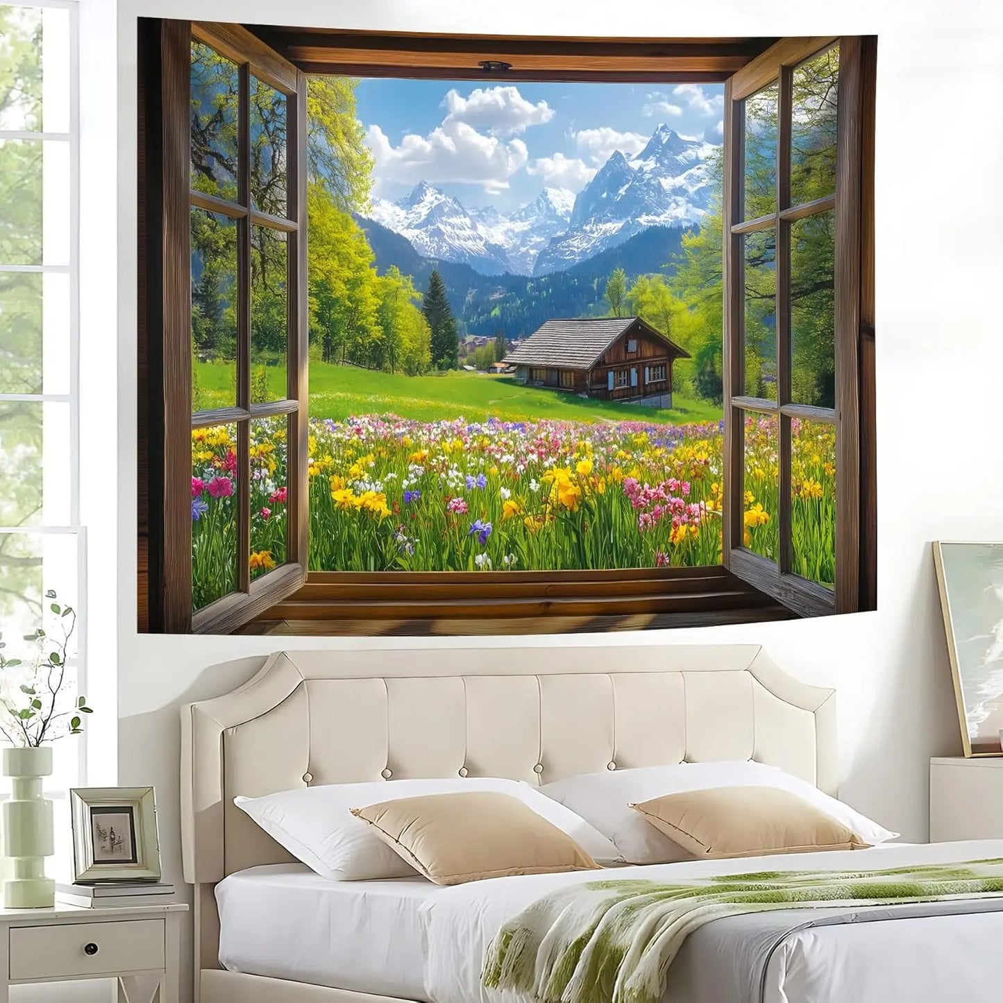 Window Tapestry, Outdoor Forest Tapestry Wall Hanging Natural Landscape Wall Mural for Bedroom Living Room Wall Art Home Decor
