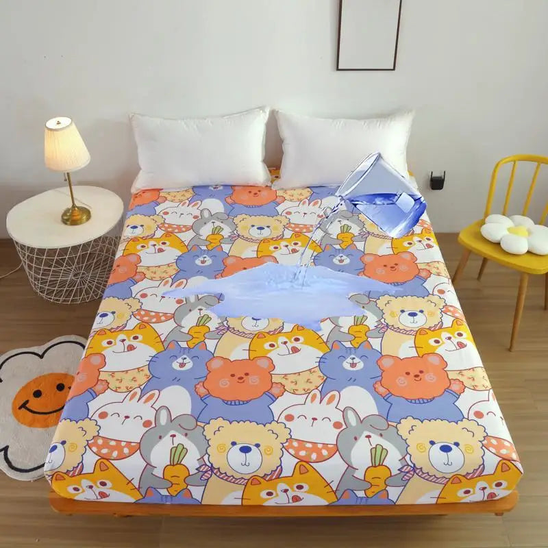 Kuup-Polyester 360° waterproof Cartoon Fitted Sheet Only(no pillowcase) Elastic Band Around Mattress Cover King Size Bed Cover