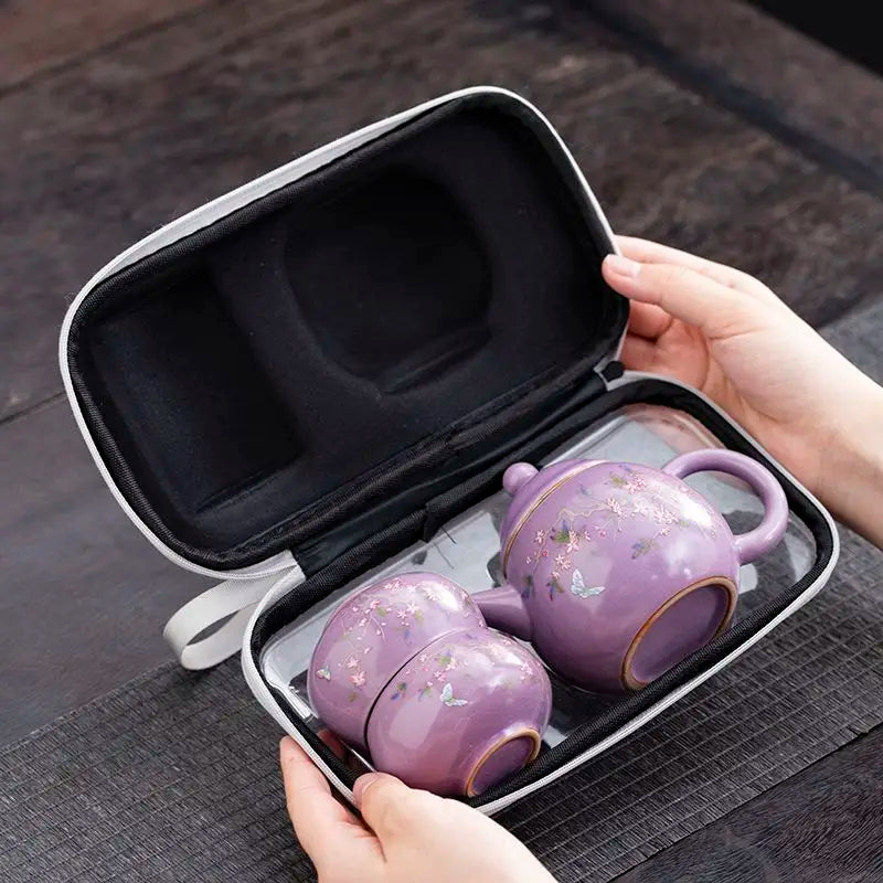 1 Pot 3 Cups Tea Set Purple Ru Kiln Outdoor Portable Travel Tea Set, Ceramic Quick Guest Cup