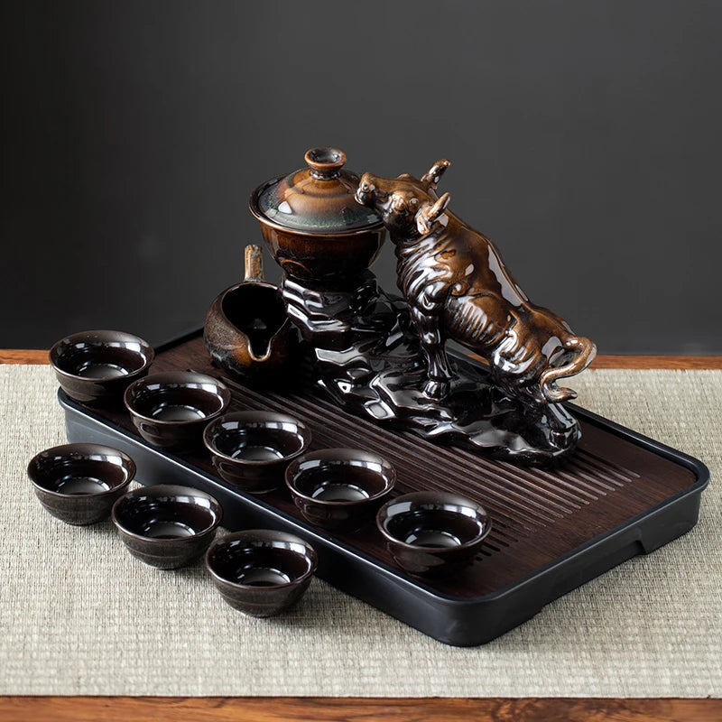 1 set of creative lazy tea set, semi-automatic cow teapot, magnetic rotating water guide, Chinese Kung Fu tea set