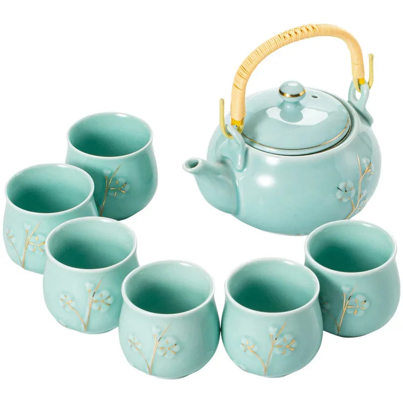 White Porcelain Gilded Relief Plum Blossom Teaware Sets Ceramic Large Lifting Beam Teapot and Tea Cup