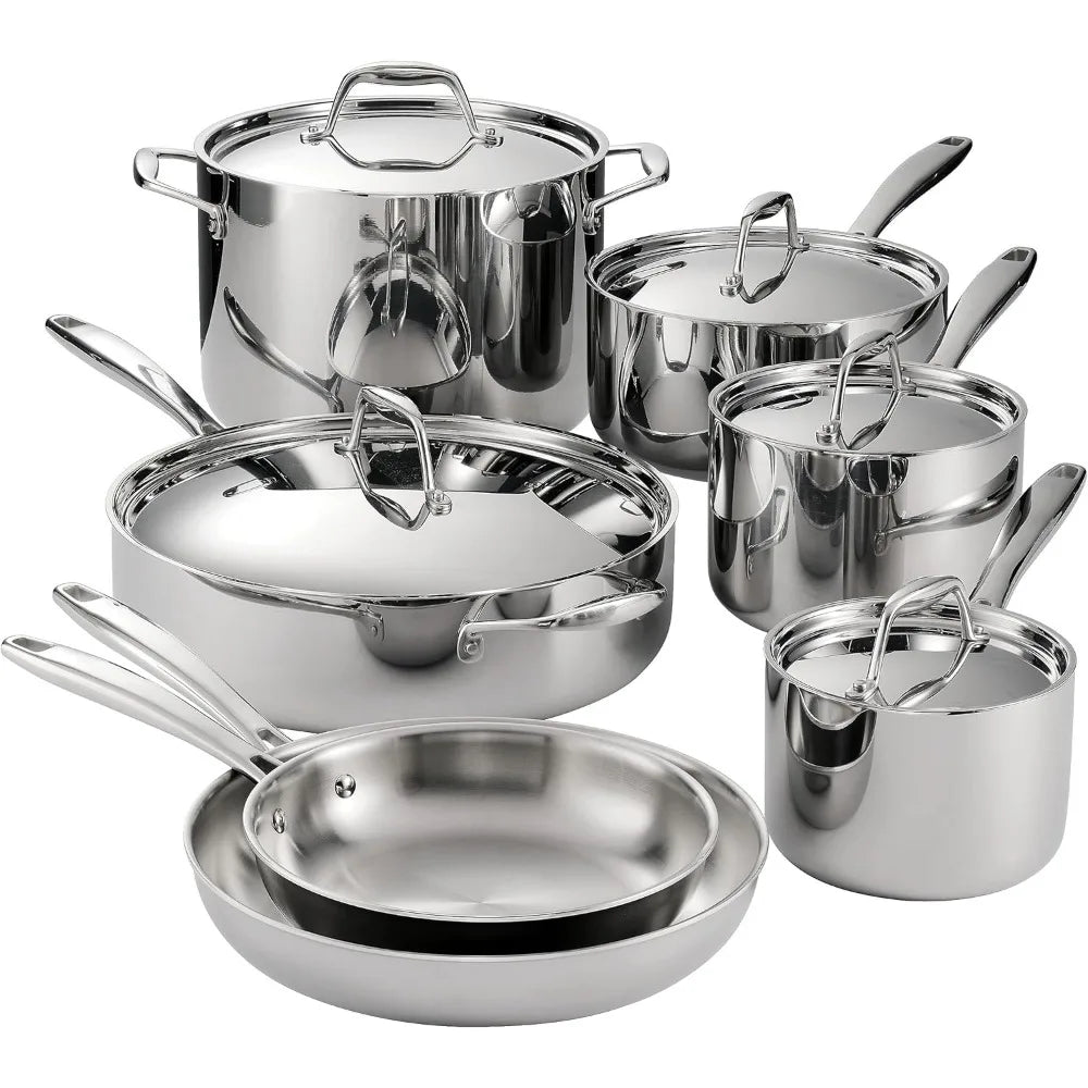 Tri-Ply Clad Stainless Steel 12-Piece Cookware Set with Lids, Pots and Pans Kitchen Set, Induction-Ready, Dishwasher-Safe, NSF-