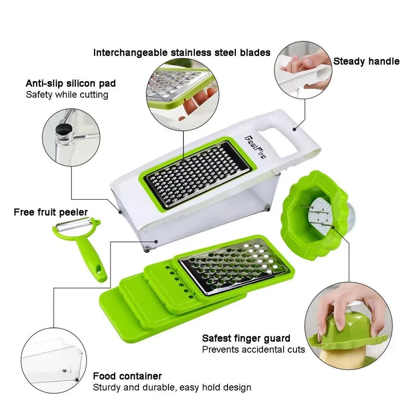 Kaasrasp met Container 5 in 1 Mandoline Snijmachine Keuken Groentesnijder Cutter Uiensnijder Veggie Julienne Snijmachine JT574