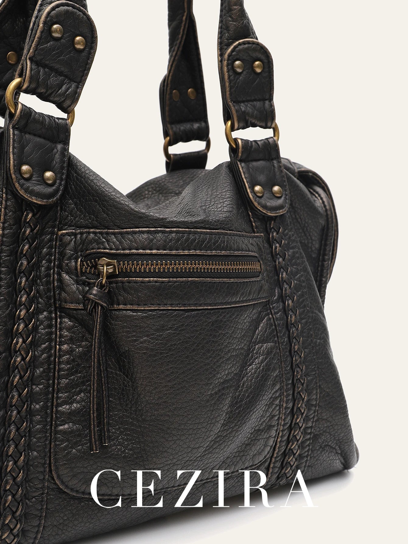 Vintage gewaschenes PU-Leder, große Kapazität, Reißverschlusstaschen, Zopfdekor, Schulter-Umhängetasche, Unisex, Damen, tägliche Reisehandtasche