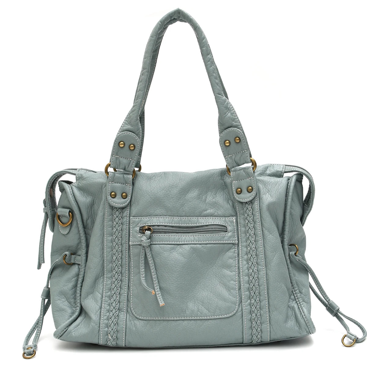 Vintage gewaschenes PU-Leder, große Kapazität, Reißverschlusstaschen, Zopfdekor, Schulter-Umhängetasche, Unisex, Damen, tägliche Reisehandtasche
