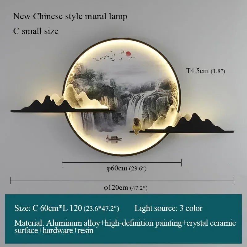 OUTELA Modern Wall Picture Light LED Chinese Creative Circular Landscape Mural Sconce Lamp For Home Living Bedroom Study