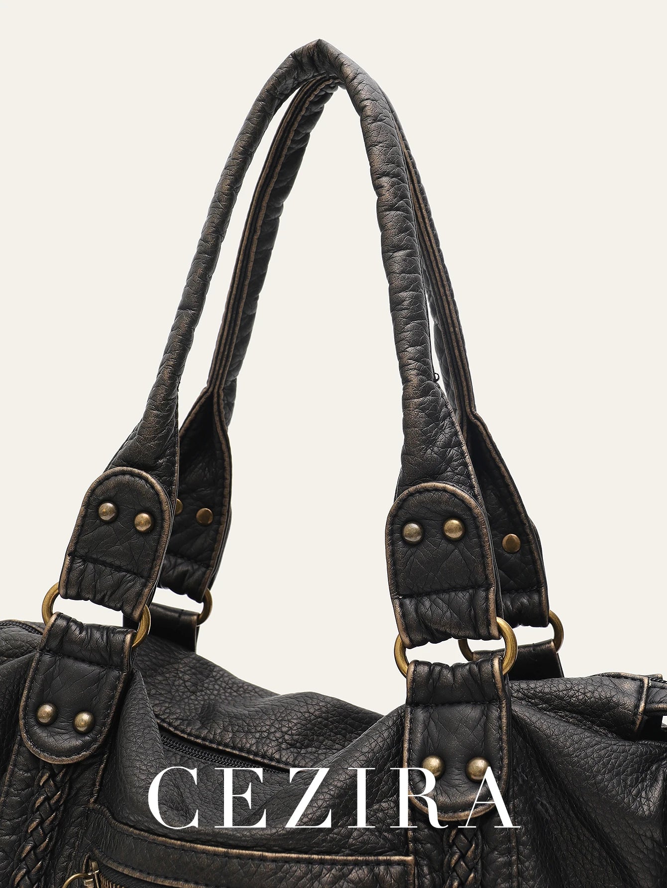 Vintage gewaschenes PU-Leder, große Kapazität, Reißverschlusstaschen, Zopfdekor, Schulter-Umhängetasche, Unisex, Damen, tägliche Reisehandtasche