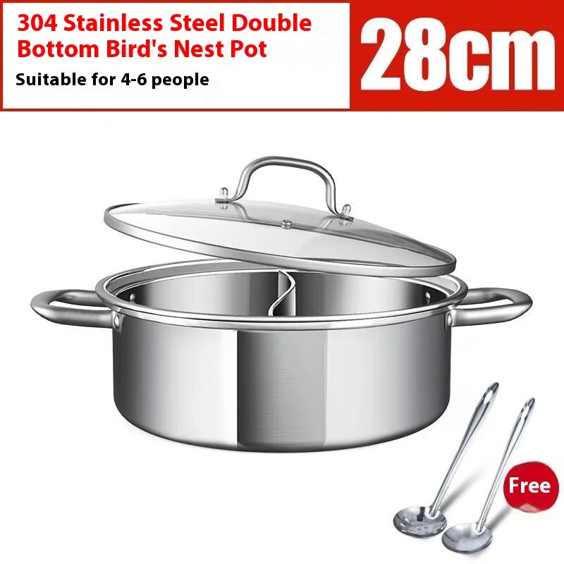 Shabu Pot 304 Food Grade Stainless Steel with Lid Divider Dual Sided Cookware for Induction Cooktop Gas Stove Kitchen Cooker