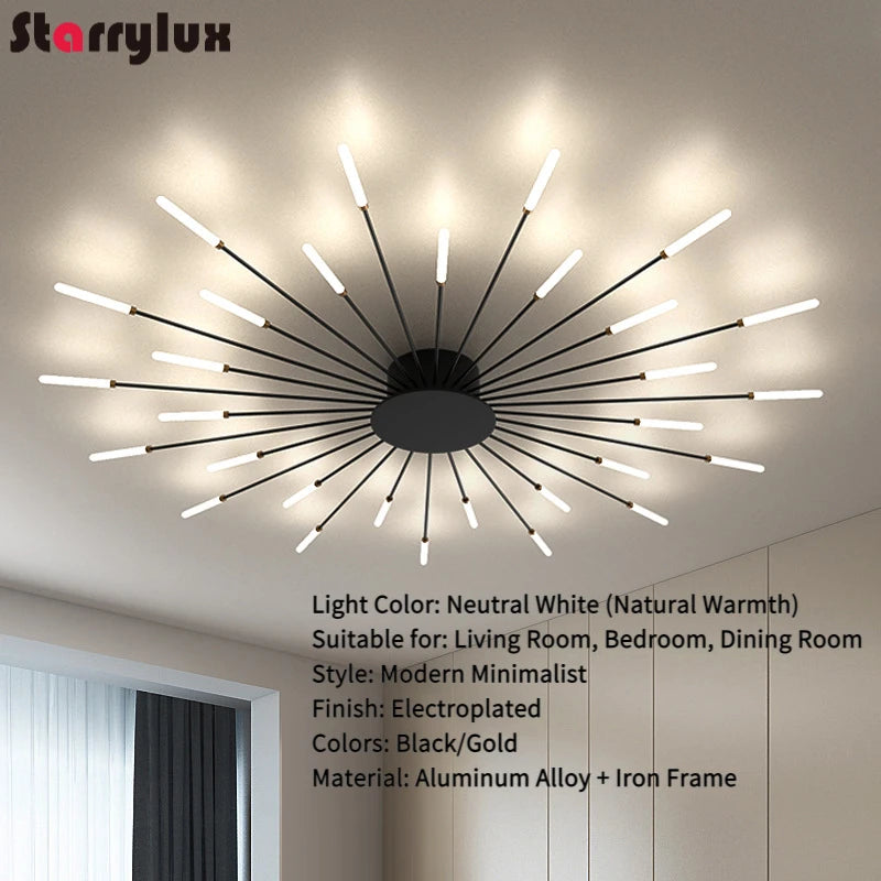 Modern Vortex Firework LED Ceiling Light for Living Room & Bedroom, Dimmable, Energy-Saving, 15-30㎡, Black/Gold