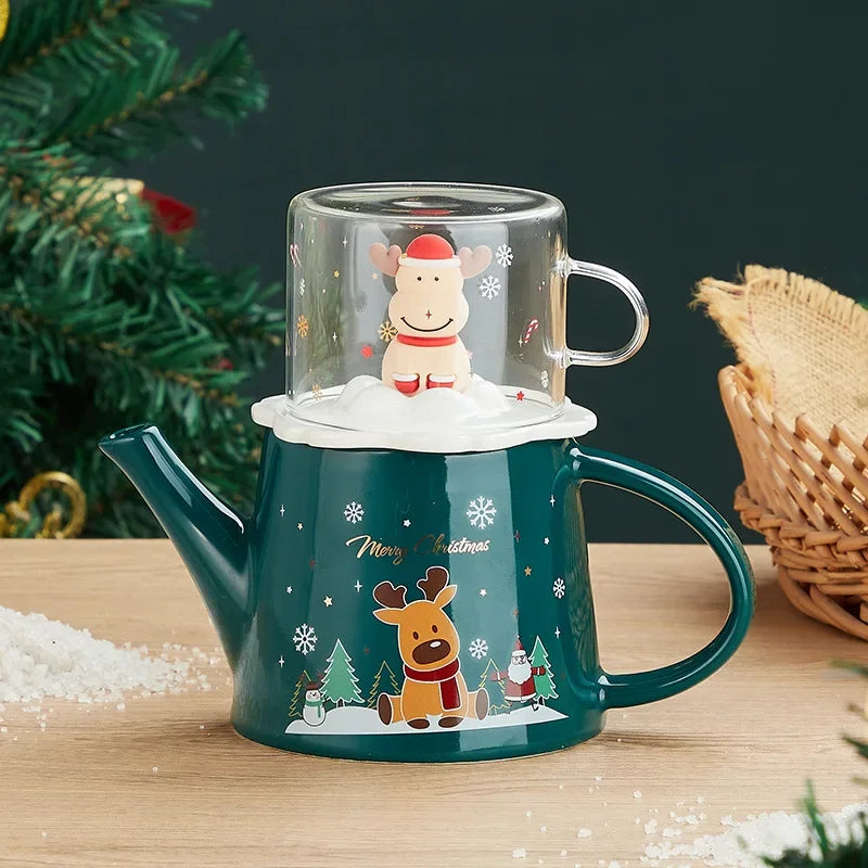 Christmas elk tea set European-style home kitchen set cute cartoon ceramic teapot gift cute flower tea set