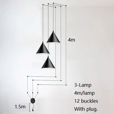 Modern Black Metal Long Wire Cone Shape Pendant Lamp Kitchen Island LED Vintage Hanging Lamp Bedside Suspension Lighting