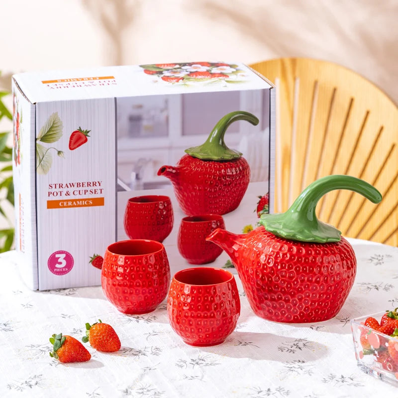 European Red Strawberry Teapot Set Ceramic Breakfast Milk Mug Exquisite Afternoon Tea Set Kettle with Gift Box Birthday Gifts