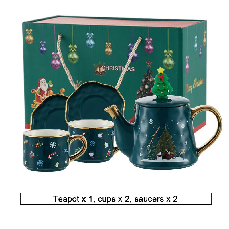 Christmas Ceramics Teaware Sets Coffee Cup & Saucer Santa Claus Elk Snowman Tea Pot and Cup Set Drinkware Xmas Gift 1 Pot 2 Cups