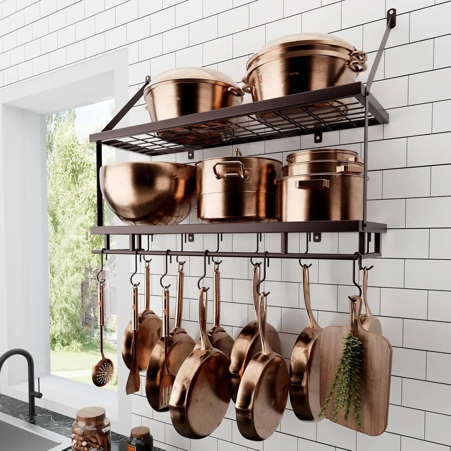 30-Inch Kitchen Pot Rack - Mounted Hanging Rack for Kitchen Storage and Organization - Matte Black 2-Tier Wall Shelf with Guard