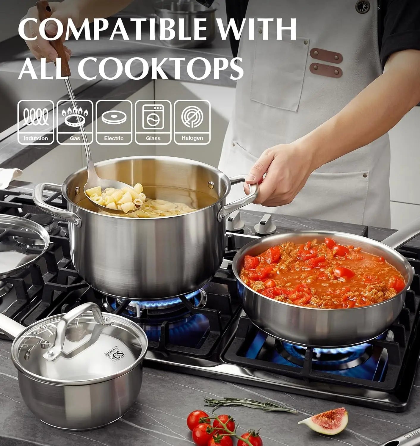 KOCH SYSTEME CS 10 Piece Stainless Steel Pots and Pans Set, Kitchen Cookware Sets, Induction Ready, Oven Safe to 450°F