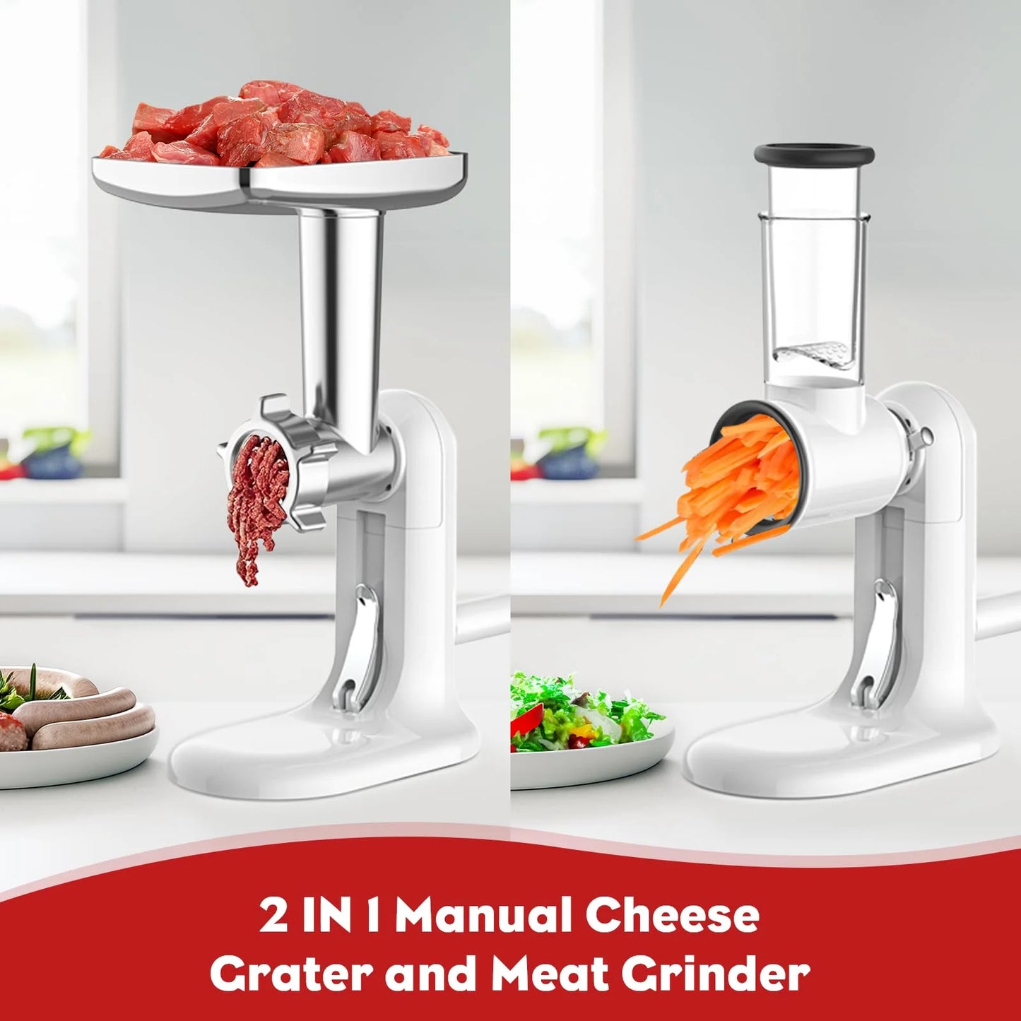GVODE Manual Meat Grinder & Rotary Cheese Grater with Handle  with 3 Interchangeable Blades Sausage Maker with 4 Grinding Plates