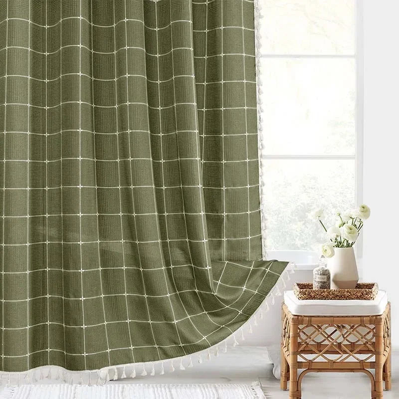 Jacquard Linen Waterproof Shower Curtain Small Fresh Plaid Pastoral Style Bathroom Mildew-proof Bathroom Curtain