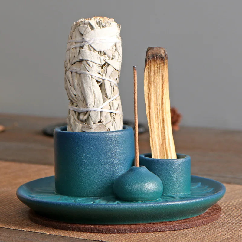4-in-1 Ceramic Incense Burner for Aromatherapy Meditation Yoga and Home Decor Includes Sage Holder and Incense Holder for Sticks