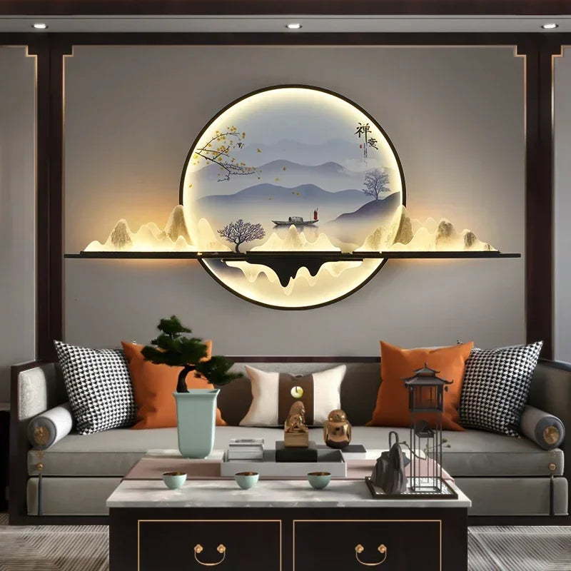OUTELA Modern Wall Picture Light LED Chinese Creative Circular Landscape Mural Sconce Lamp For Home Living Bedroom Study