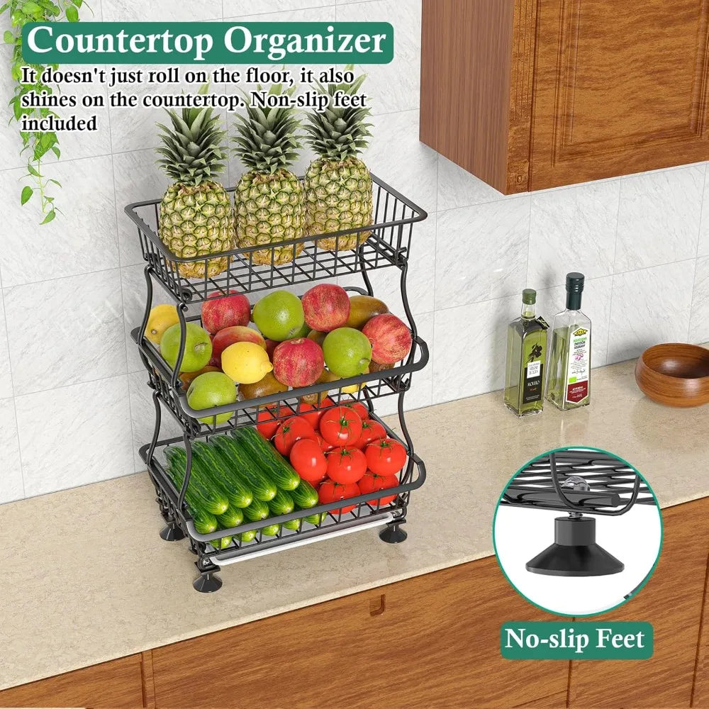 Pantry Floor Organizer and Storage Cart with Wheels, Stackable Wire Pantry Baskets for Pantry Shelves, Kitchen Fruit Basket