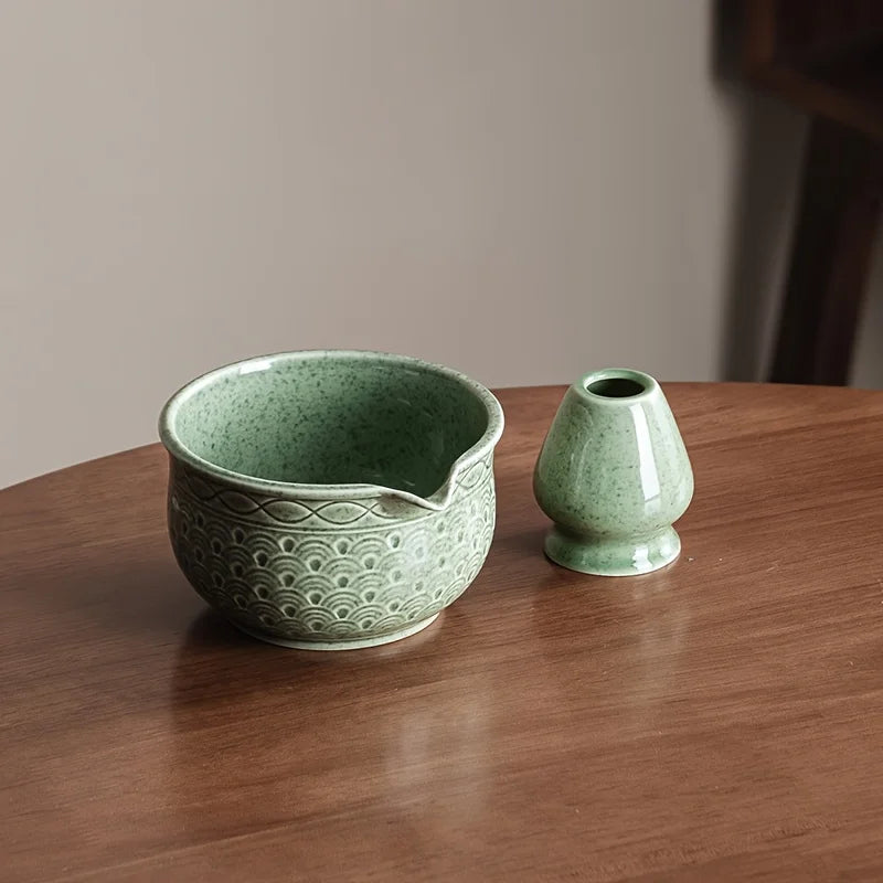 Japanese Matcha Set 2/5/6 Pieces - Green Pattern Tea Bowl, Bamboo Stirrer, Spoon & Filter - Traditional Japanese Tea Ceremony