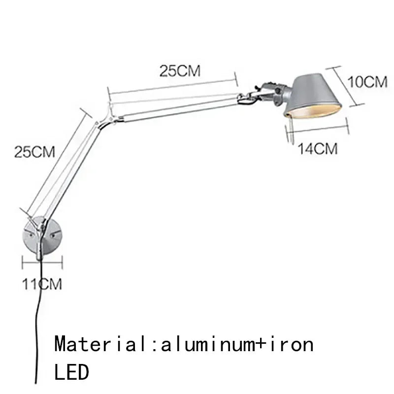 Italian Long Arm LED Wall Lamp Silver Black Metal Bedroom Study Reading Lights E27 Switch Rotatable Adjustable Lighting Decor