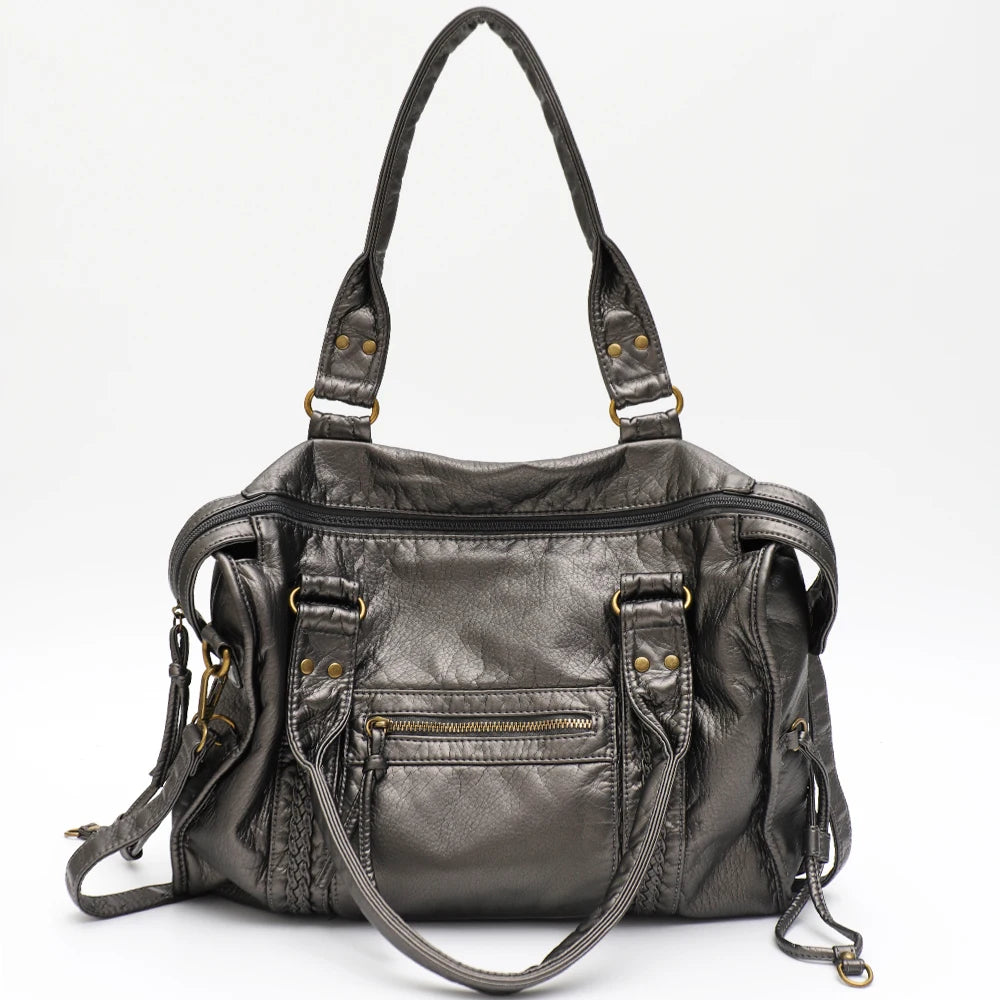 Vintage gewaschenes PU-Leder, große Kapazität, Reißverschlusstaschen, Zopfdekor, Schulter-Umhängetasche, Unisex, Damen, tägliche Reisehandtasche