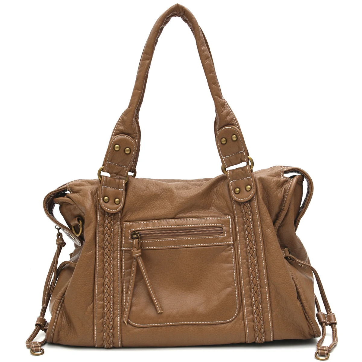 Vintage gewaschenes PU-Leder, große Kapazität, Reißverschlusstaschen, Zopfdekor, Schulter-Umhängetasche, Unisex, Damen, tägliche Reisehandtasche