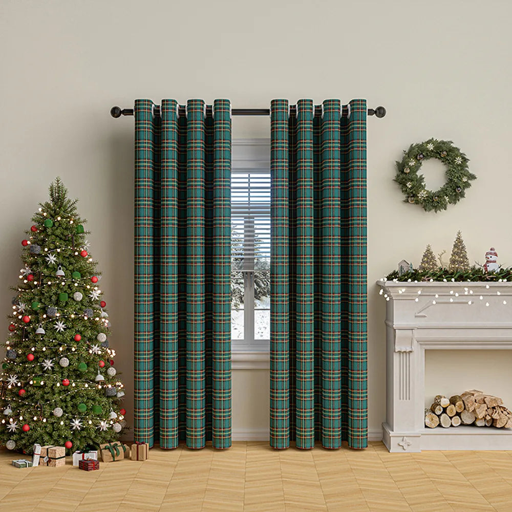 Classic Christmas Plaid Pom Pom Curtains Semi-Blackout for Balcony/Bay Window American Style Decor