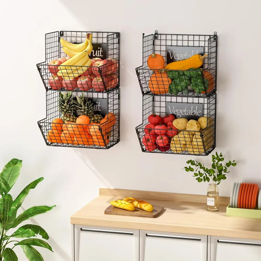 Metal Wire Basket Wall Mount, 4 Tier Extra Large Wall Storage Basket Organizer with Chalkboards, Kitchen Fruits and Vegetables
