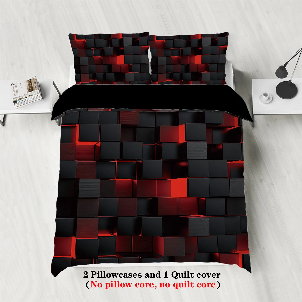 3pcs Red transparent grid visual effects bedding set, suitable for teenagers and adult bedroom,1*duvet cover+2*pillowcase