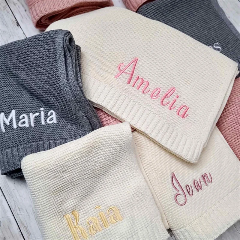 Personalized Kid Name Baby Blanket Embroidered New Born Baby Blanket Stroller Swaddles Breathable Cotton Knitted Blanket Bedding