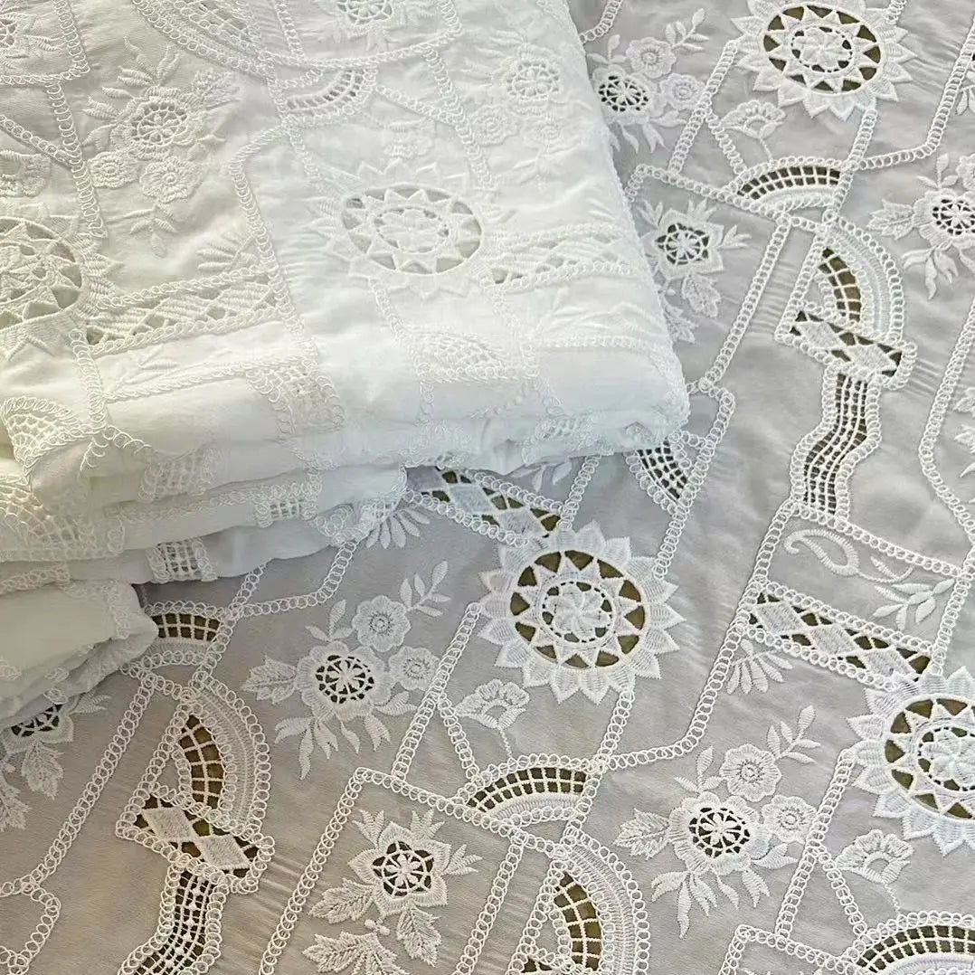 Laser embroidery fabric,lace hollow cotton thread embroidered chiffon fabric,for DIY Clothing,bridal wedding dress,home decor