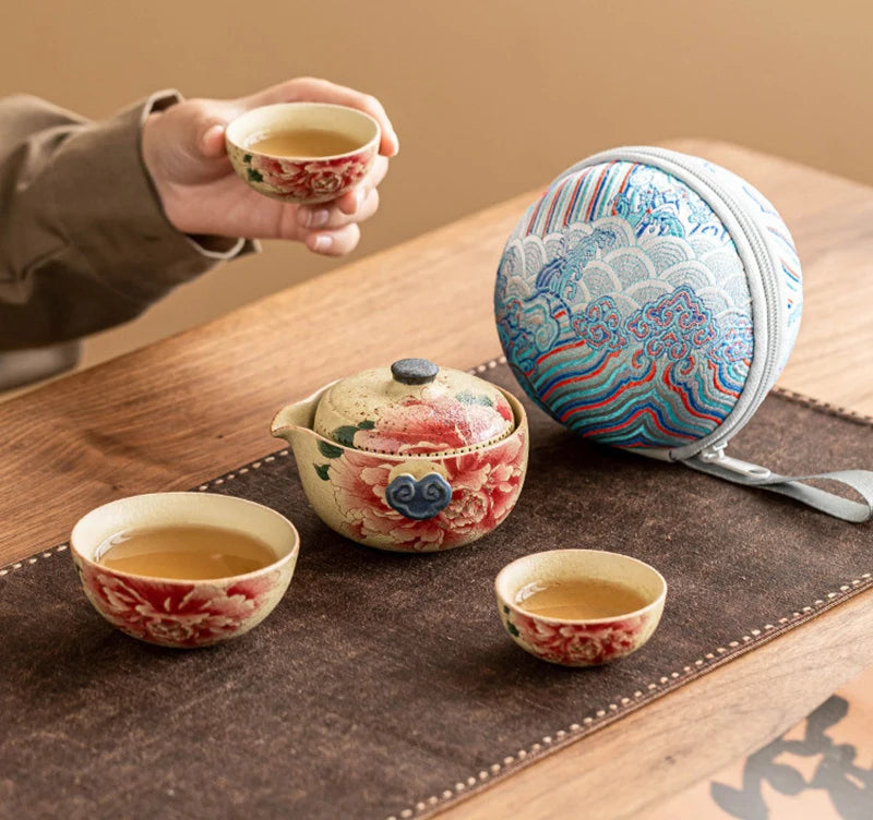 Hand Drawn Floral Ceramic Teaware Set Portable Travel Tea Set Outdoor Camping Kung Fu Tea Set 1 Pot 3 Cups Tea Brewing Utensils