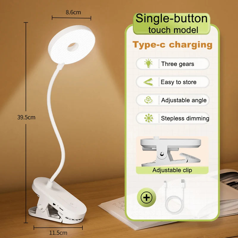 Clip-On Desk Lamp Portable LED Desk Lamp Desktop Book Lamp Timed Stepless Dimming 1200 Mah Eye Protection Reading Study Lamp
