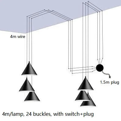 Modern Black Metal Long Wire Cone Shape Pendant Lamp Kitchen Island LED Vintage Hanging Lamp Bedside Suspension Lighting