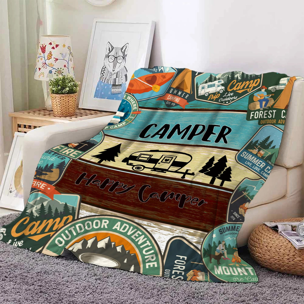 Cobertor estampado com padrão de floresta e campista, adequado para sofás, camas, escritórios, viagens, cadeiras de acampamento, cobertor de pelúcia quente, 1 peça